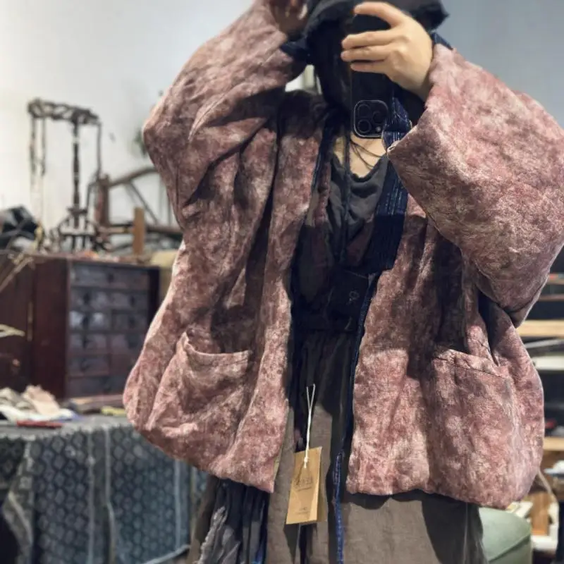 

Autumn Winter Arts Style Women Long Sleeve Loose Lacing V-neck Jackets High Quality Vintage Print Thicken Cotton Linen Coats