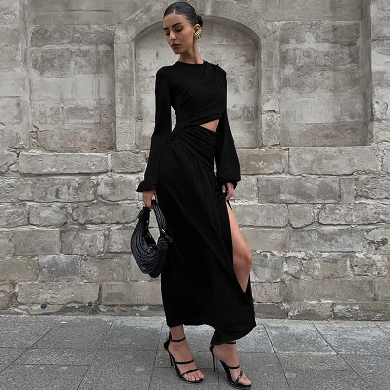 Herfst Winter Dames Casual Jurk Nieuwe Effen Kleur Maxi Lengte Ronde Hals Lange Mouw Ruches Uitsparing Taille Met Split Ropa Mujer