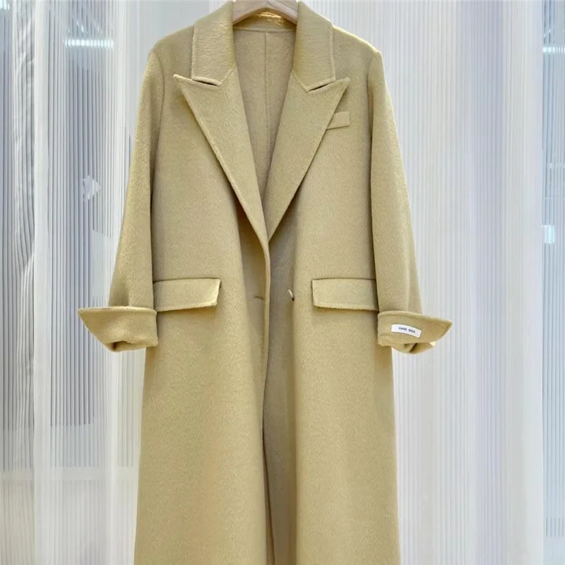 Solid Color Natural Camel Wool Double-sided Cashmere Coat Women Causal Tweed Jacket Lapel Lace-up Woolen Coats Fit Autumn Winter