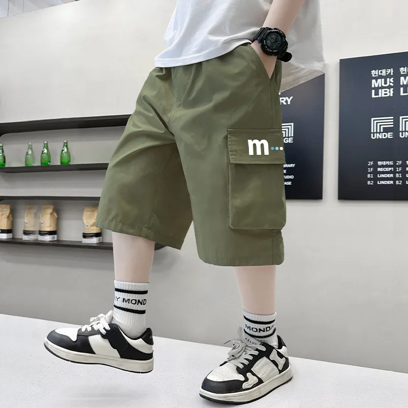 

Crawler New Cropped Pants2024Summer Boys' Shorts Children Teens Babies Pants Solid Color Overalls Middle Pants