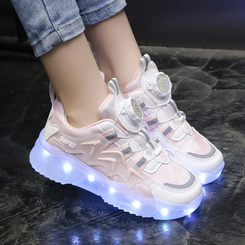 Zapatillas deportivas con botón giratorio para niños y niñas, zapatos con luz LED, informales, con cargador USB, talla 25-37