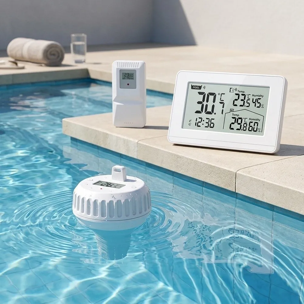 3-in-1 Pool Thermometer And Hygrometer Backlit LCD With Max Temp Records Temperature And Humidity Meter For Bathtub & Fish Tank