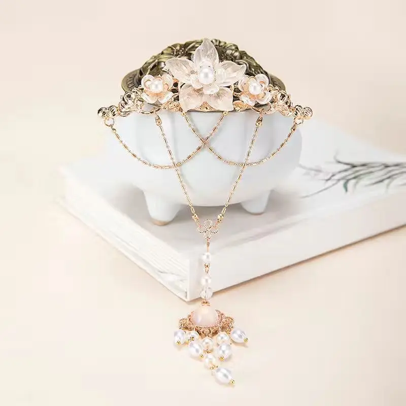 Womens White Glass Flower With Beads Fringe Hairstick  Antique Hair Accessories