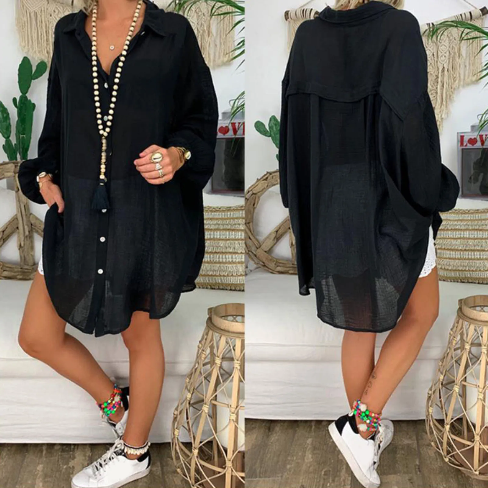 長袖リネンシャツ白ボタンダウンシャツルーズカジュアルコットンブラウスレディーストップスブラウスシャツ Tシャツ