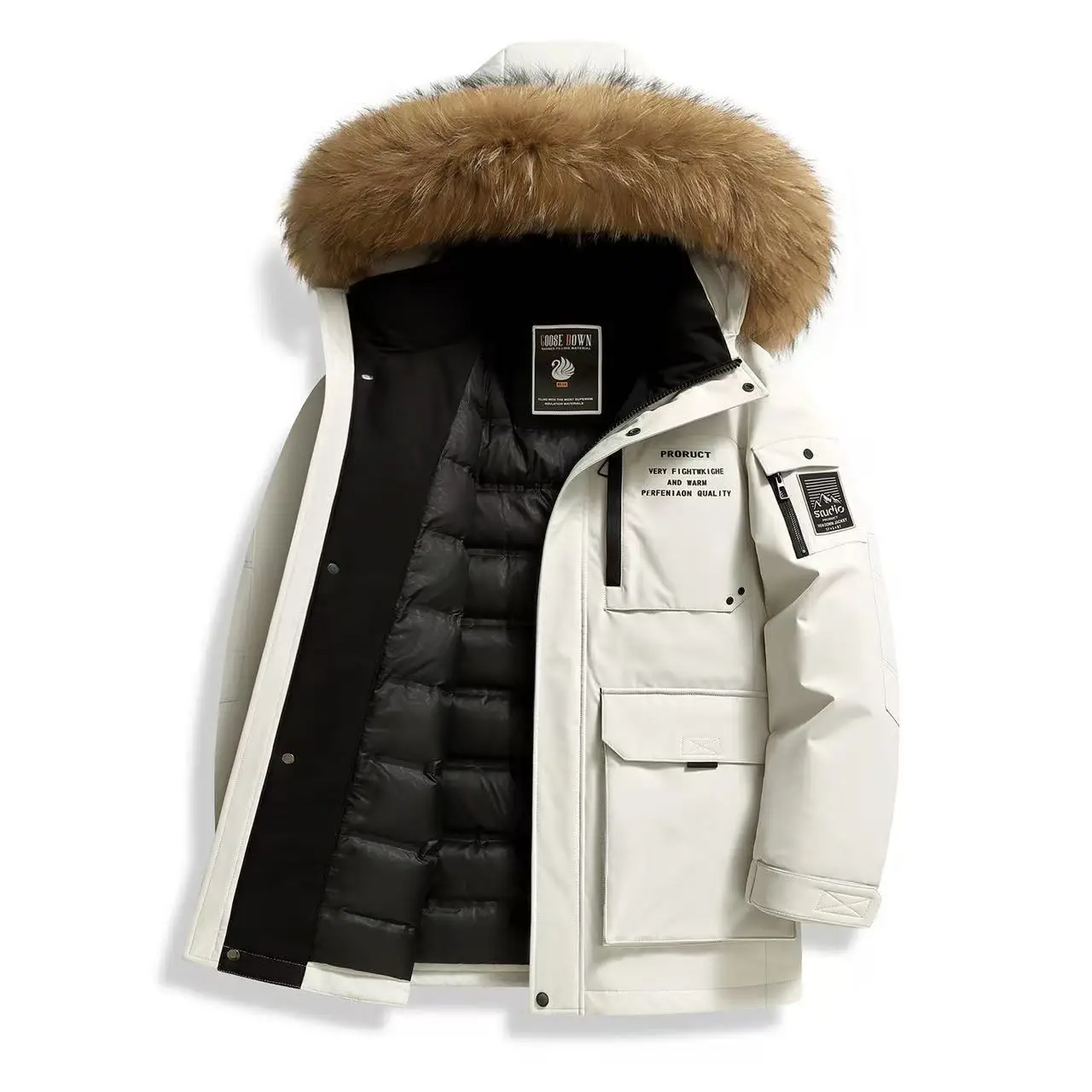 

Winter New Men's Down Jacket Coat Raccoon Cat Hair Collar National Standard Goose Down Thickened Warm Outdoor Cold proof Coat