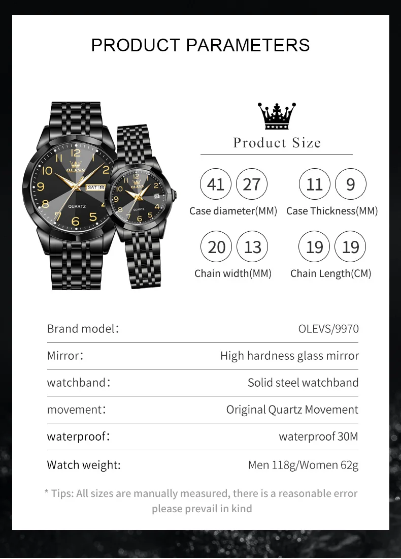 OLEVS 9970 Paaruhr, Luxusmarke, Original-Quarzuhr für Herren und Damen, Edelstahl, wasserdicht, Armbanduhr-Sets für Sie oder Ihn