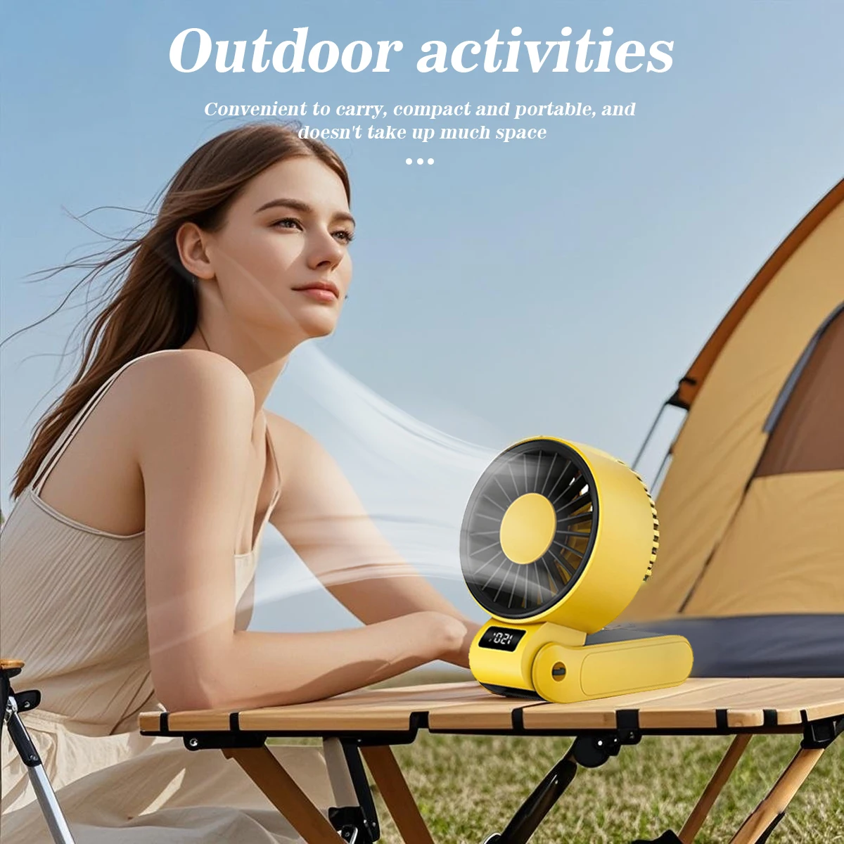 

Yellow Mini Handheld LED Digital Fan High Wind Power Portable USB Charging Neck Fan with Display for Summer Travel