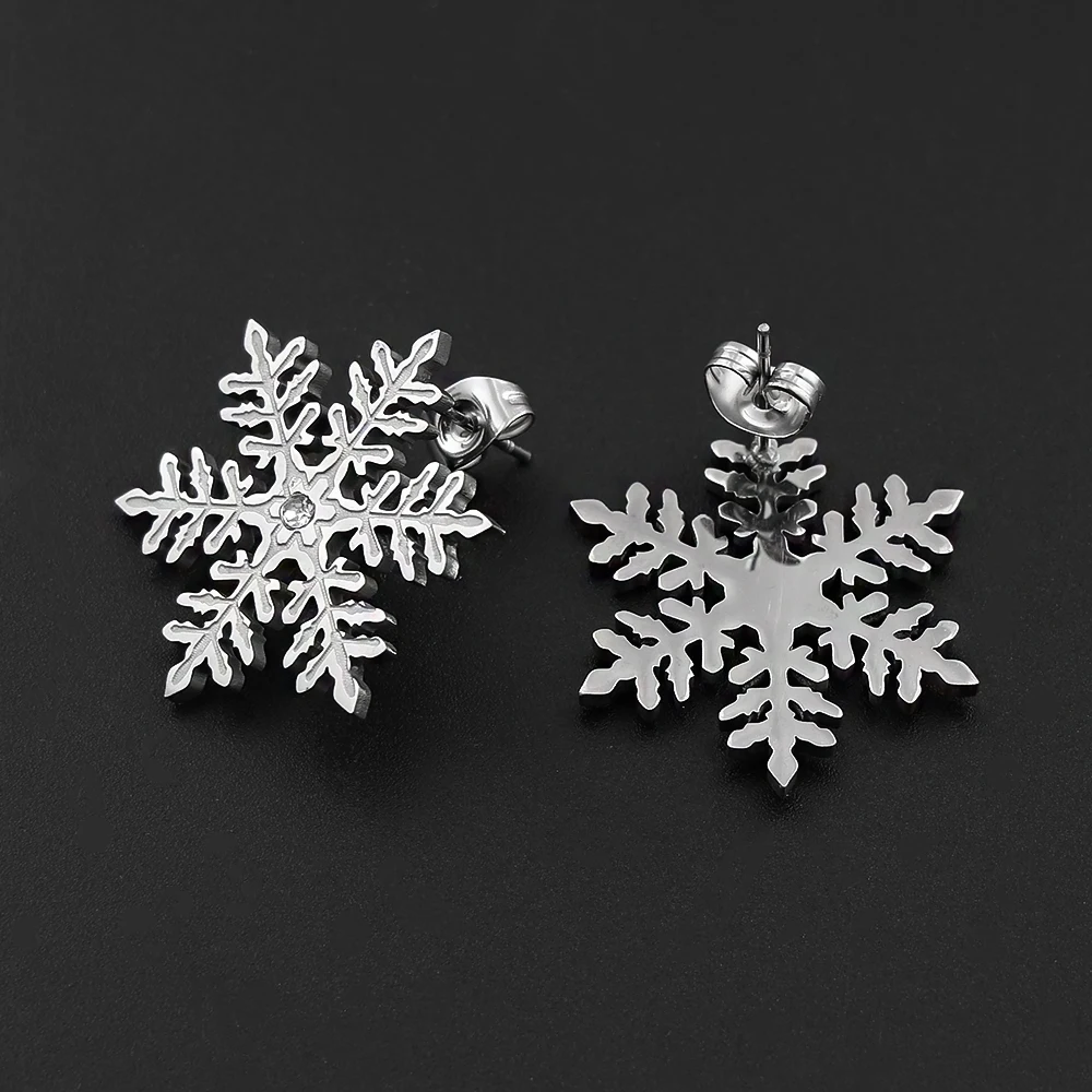 Stainless Steel Snowflake Stud Earrings Inlaid Crystal Winter Snow Flake Earrings Christmas Holiday Jewelry Gift for Women Girl