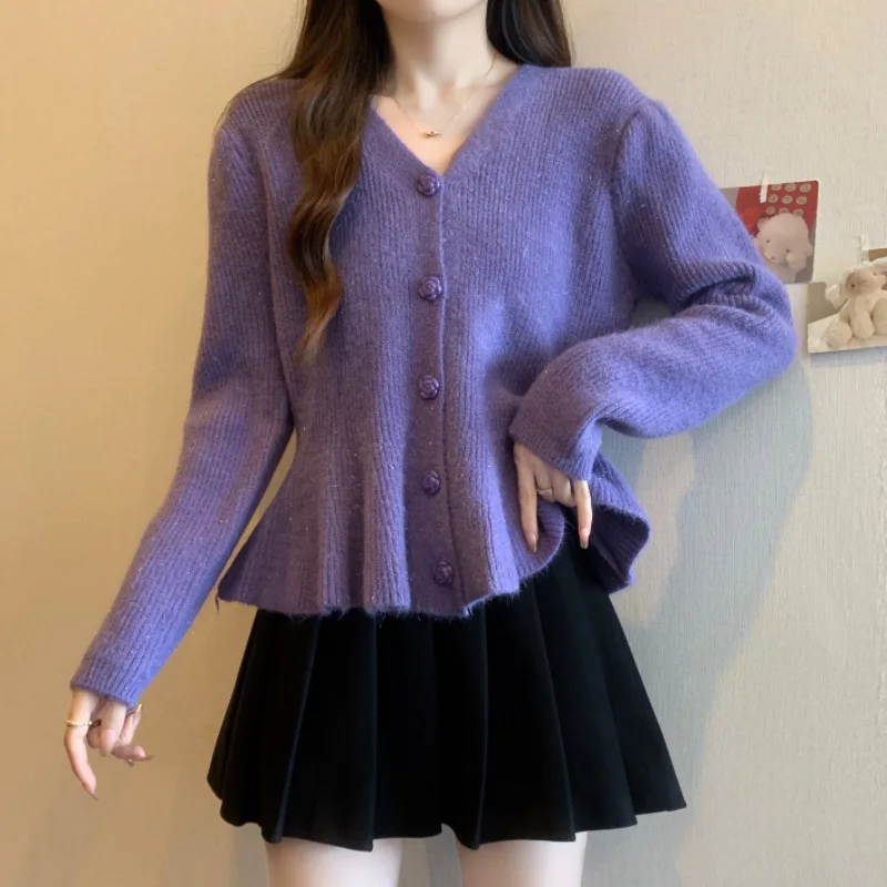 2024 Spring Autumn New Women Cropped Tops Clothes French Slim Ruffle Knitted Cardigan Bubble Long Sleeve V-Neck Sweater E2364