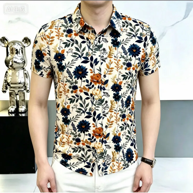 2026 Summer New Style Men's Printed Silk Short-Sleeved Lightweight Shirt - Cool and Stylish, Breathable, Soft and Loose-Fitting