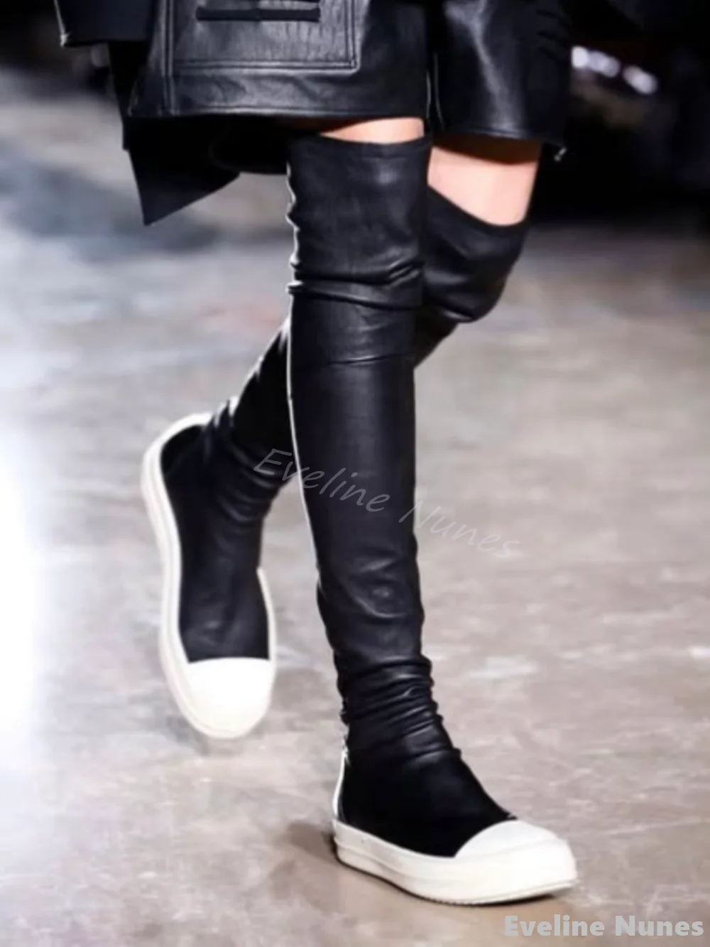 Genuine Leather Over-the-knee Stretch Boots Women Round Toe Platform Mixed Colors Slip On Sneakers 2025 New Casual Mid Calf Boot