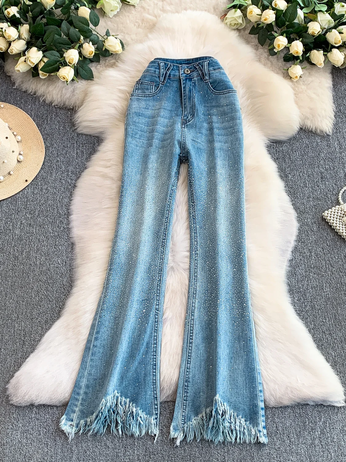 

Джинсы из пряной ткани с высокой талией, женские модные американские джинсы, облегающие брюки-клеш с эластичными манжетами и блестками