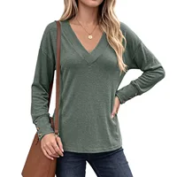 Women's V Neck Long Sleeve Tunic Top Loose Fit Drop Shoulder Tee with Button Cuff Detail Casual Basic Blouse - Image 3