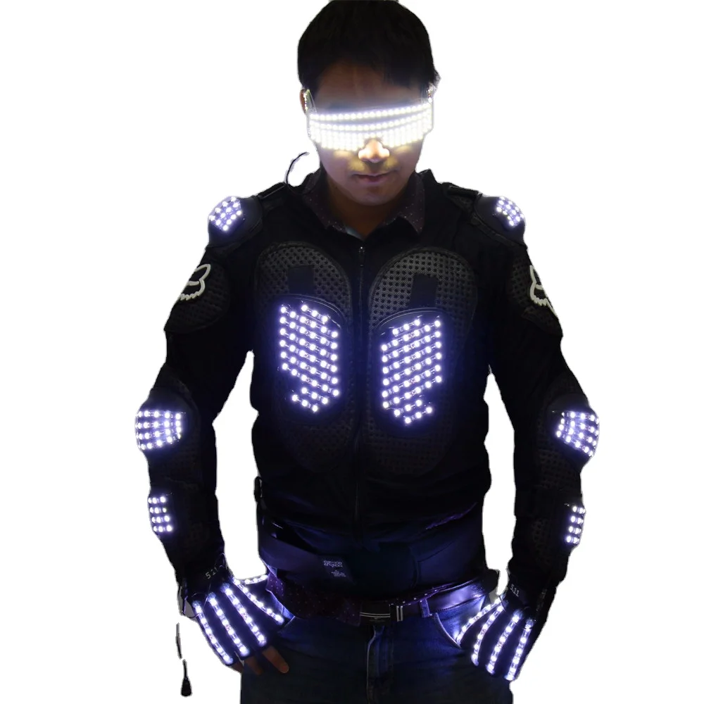LED Luminous Robot CostumeFashion LED Armor Unisex LED Outfit Luminous Ballroom Peorce Wear Includes Jacket Gloves Glasses For