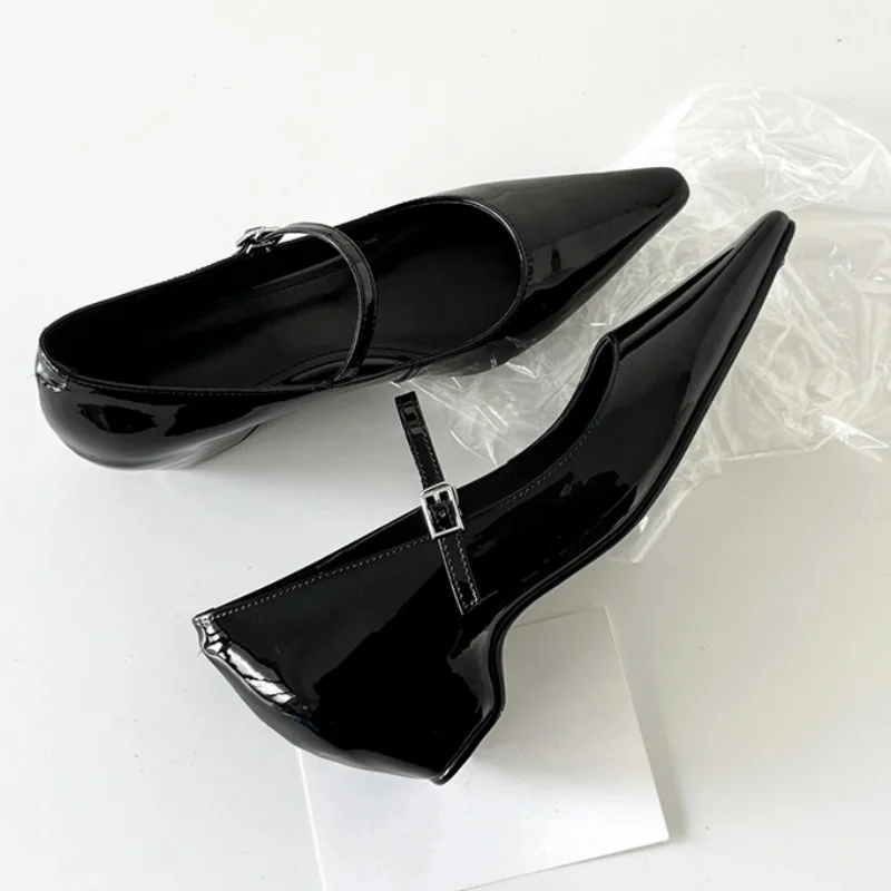 New Coarse Heel Shoes Women's Pointed Toe Shallow Metal Buckle A Line with Anti-slip Wear-resistant Low Heel Shoes