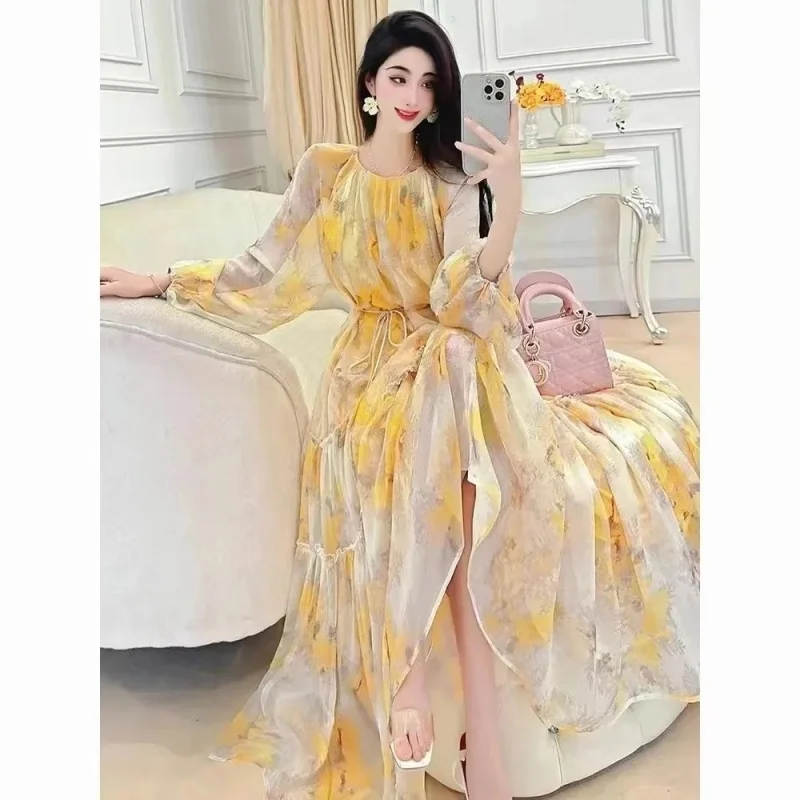 فستان شيفون فرنسي مُزين بنقشة الزهور لربيع وصيف 2026 للنساء اللطيفات والتخسيس، فستان طويل أنيق للإجازات w1619 #1