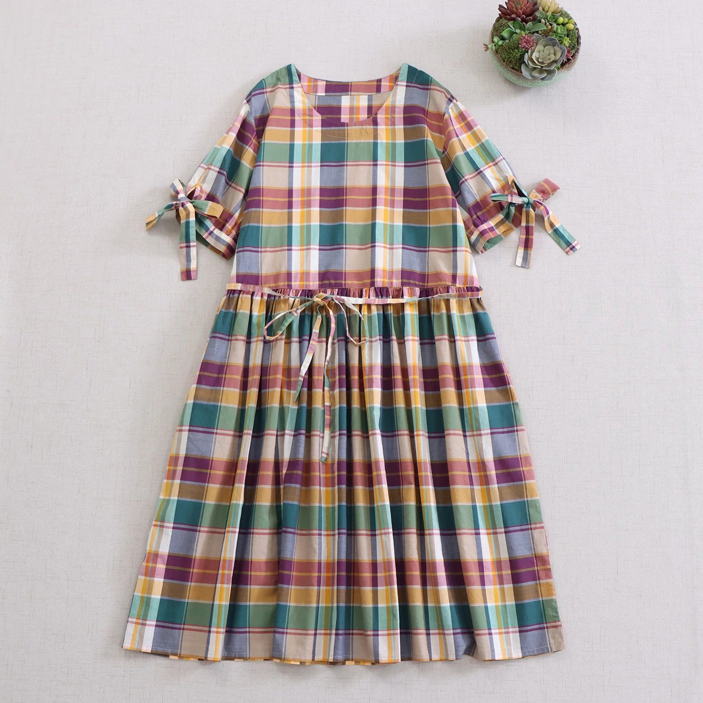 

Japanese Sweet Mori Girl Vintage Rainbow Plaid 100% Cotton Dress Women Summer O-Neck Short Sleeve Casual Loose Midi Dresses