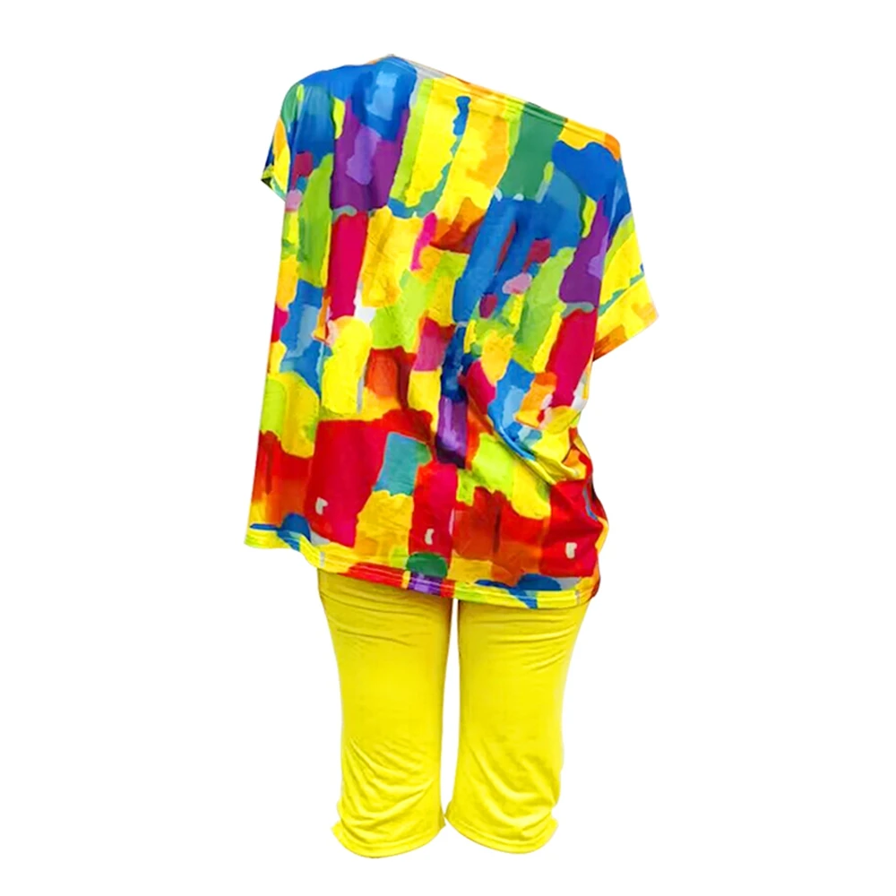 Women Melting Colors All Over Print Skew Neck Top & Drawstring Ruched Shorts Set Female Casual Two Piece Sets For Woman Clothes