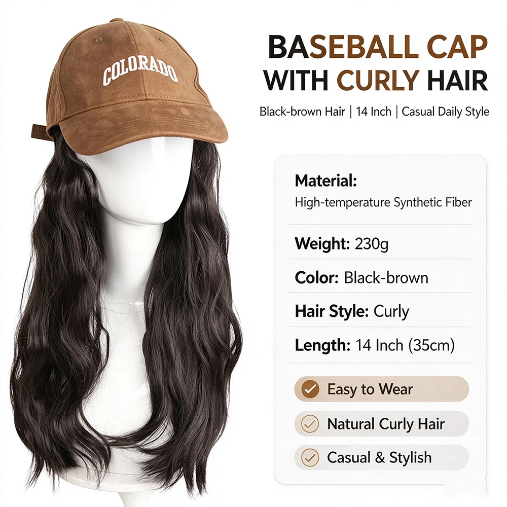 Long Wavy Synthetic Wig Baseball Rice White Cap With Hair Extensions Hat Wigs Natural Brown Connect Wig Adjustable For Women