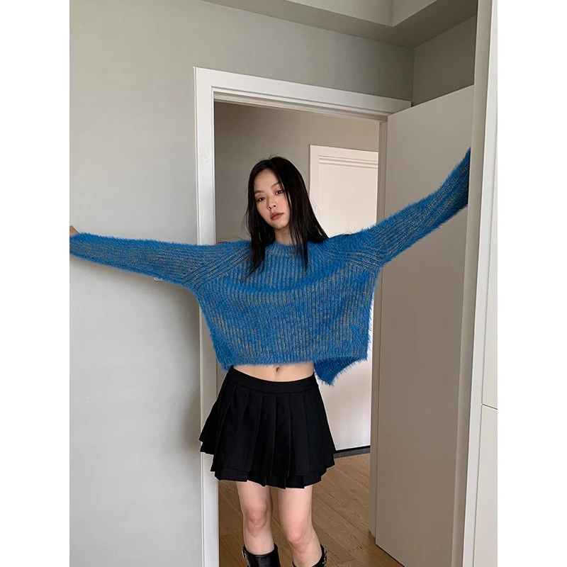 

Lazy Wind Beautiful Loose Long-sleeved Crew Neck Sweater Women's Casual Versatile Rear Split Fashionable Knitted Sweater