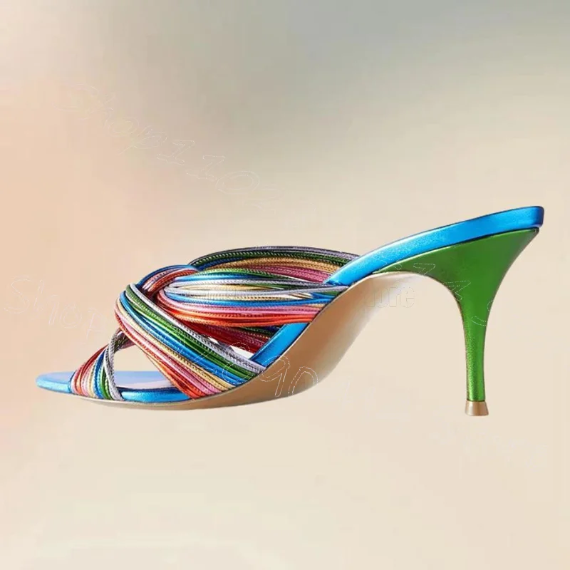 Colorful Strappy Knot Design Open Toe Slippers Slip On Women Shoes Thin High Heels Party Feast Outdoors 2025 Zapatos Para Mujere