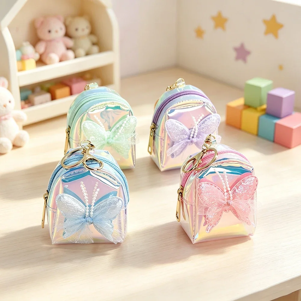 Mini Purse Keychain Cute Aesthetic Wallet Keyrings Iridescent Small Storage Bag Holographic Bowknot Fashion Look Backpack Charm