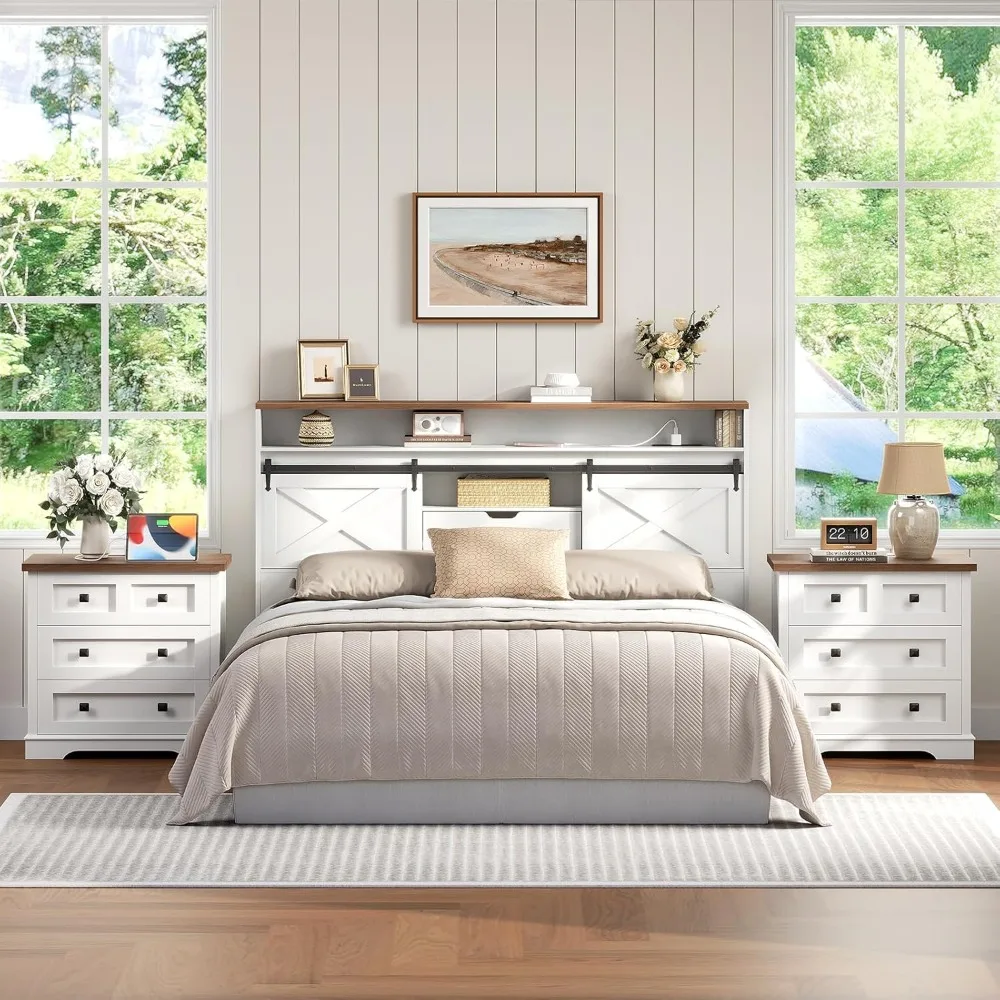 HOOBRO Farmhouse Nightstand with 3 Drawers, 23.6 Inch Wide End Table with Charging Station, Large End Table for Bedroom, Living