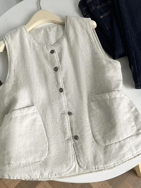 

Retro Japanese Cotton Linen Jaet Women's Autumn Winter Loose Layered Thi Warm Vest Top Button round Ne Single Sve