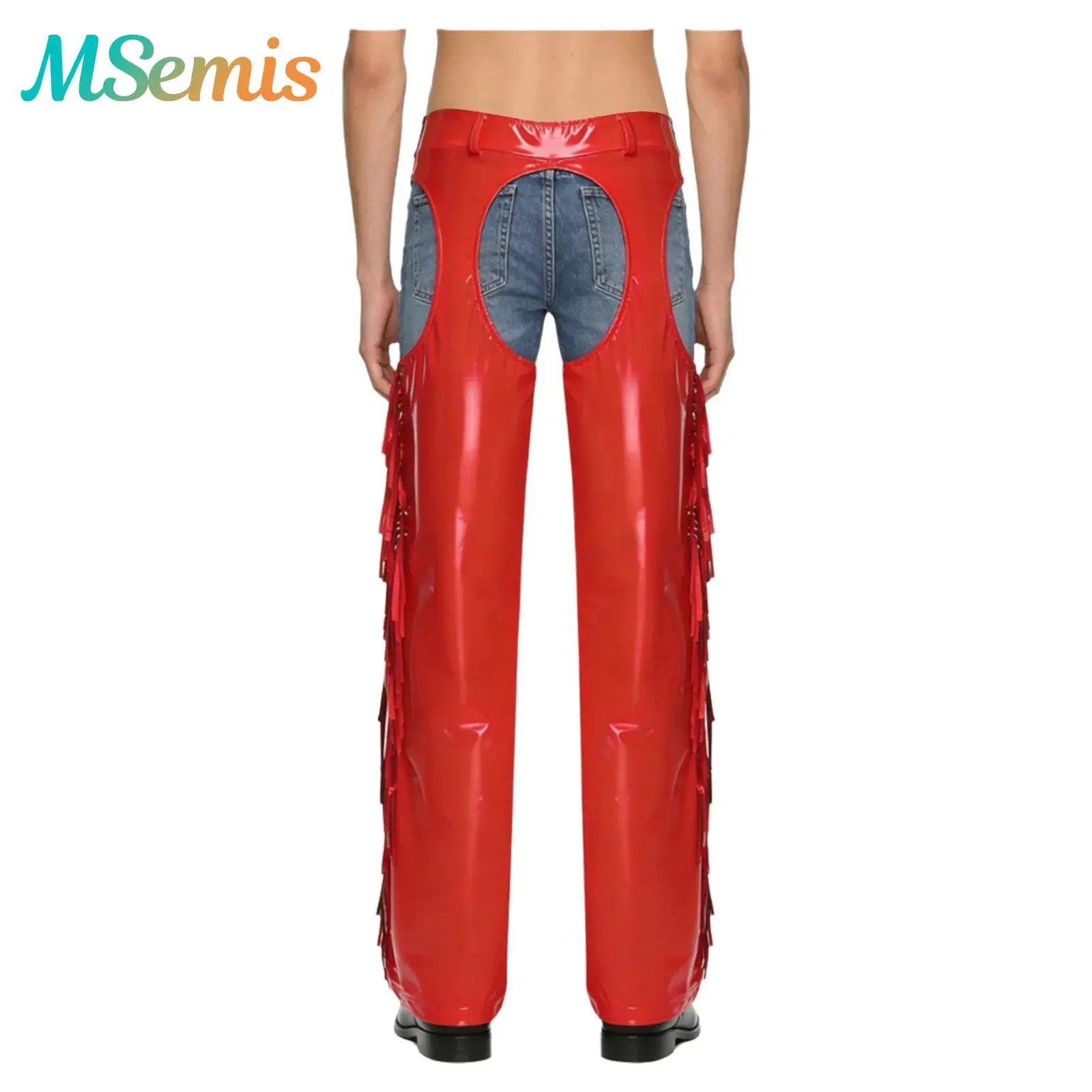 Pantalones de látex Chaps brillantes para hombre, entrepierna hueca y muslos, costuras laterales con borlas brillantes, pantalones largos de pierna ancha, ropa para fiesta de vaquero y discoteca