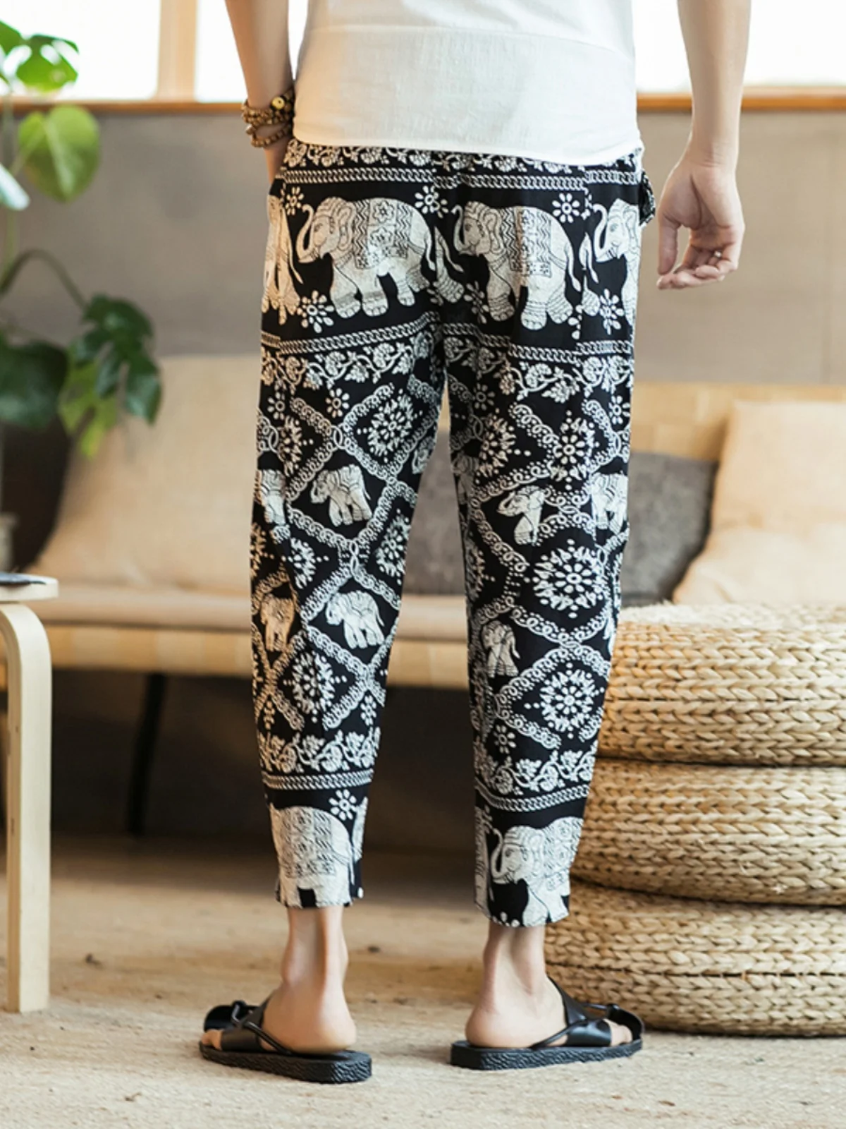 

Loose Wide Leg Pants Men's plus Size Travel Beachwear Elephant Print Comfortable Casual Trousers Summer Season Lightweight