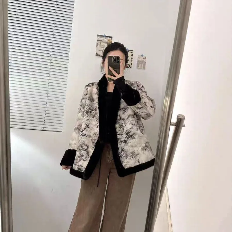 الشتاء النمط الصيني الفراء الحبر غسل المتكاملة المطبوعة معطف المنك النمط الصيني معطف على الوجهين المألوف سميكة معطف الفرو WF