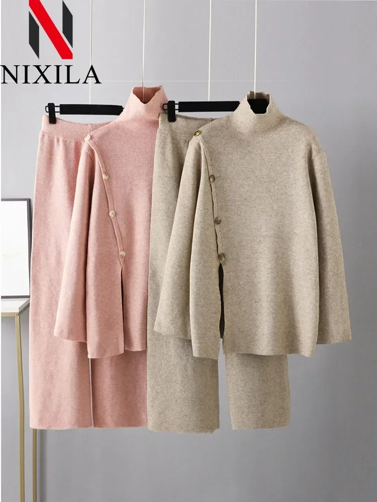 New Winter Autumn Sweater 2 Piece Sets Fashionable Knit Pant Sets Elegant Retro Pullover Two Piece Sets Womens Outfits Clothes