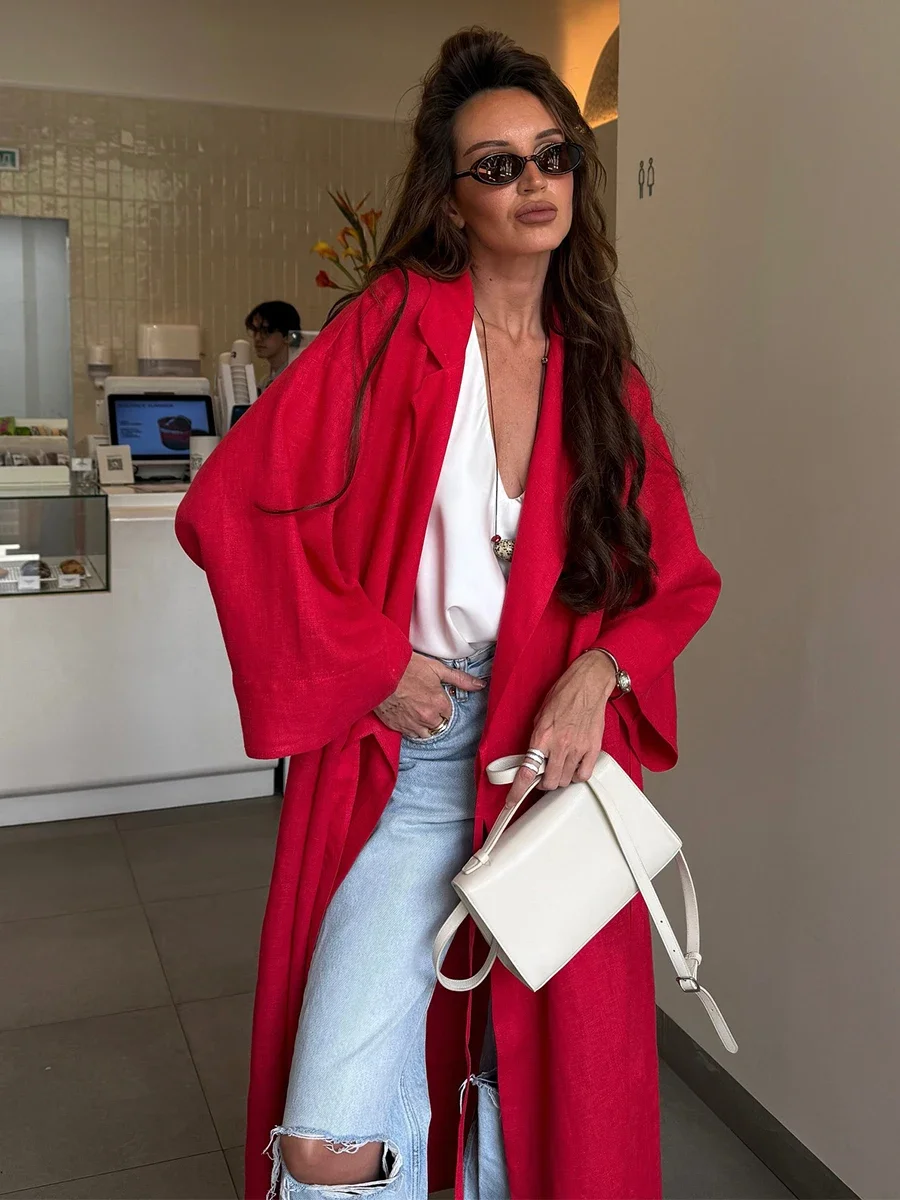 

Autumn New Women's Stylish Red Wrap Maxi Dress Lapel Kimono Sleeve Belted Long Robe Elegant Chic Dresses