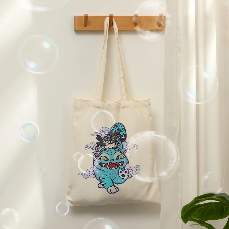 Vintage Chinese Mythical Beast Cat Canvas Tote Bag Oriental Cloud Graphic Reusable Canvas Shoulder Shopping Handbag