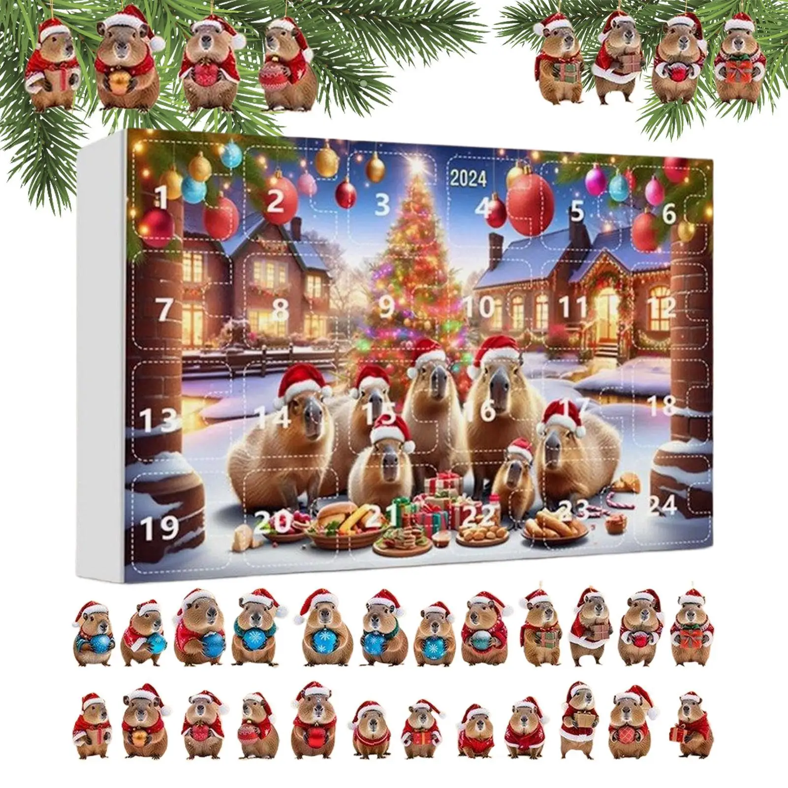 كابيبارا مجيء عيد الميلاد 24 يوما ثلاثية الأبعاد الاكريليك ديكور شجرة عيد الميلاد كابيبارا زخرفة 2025 العد التنازلي التقويم للمنزل جدار السيارة