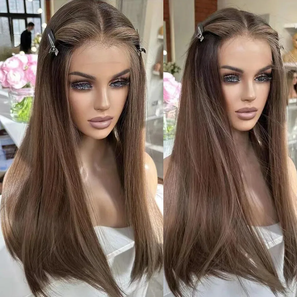 

Highlight Brown Synthetic Lace Front Wig Mixed Human Hair Glueless 13x4 HD Lace Frontal Wig Preplucked Daily Wear