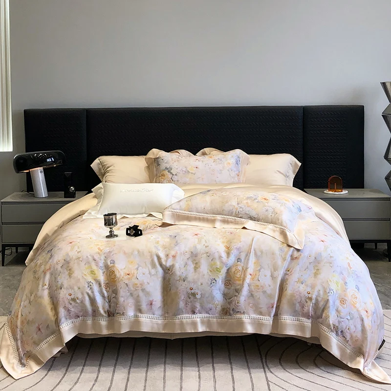 800TC Lyocell Bamboo Fiber Soft Silky Cooling Bedding Set Flower Prints Duvet Cover Set Bed Sheet/Fitted Sheet Pillowcases 4Pcs