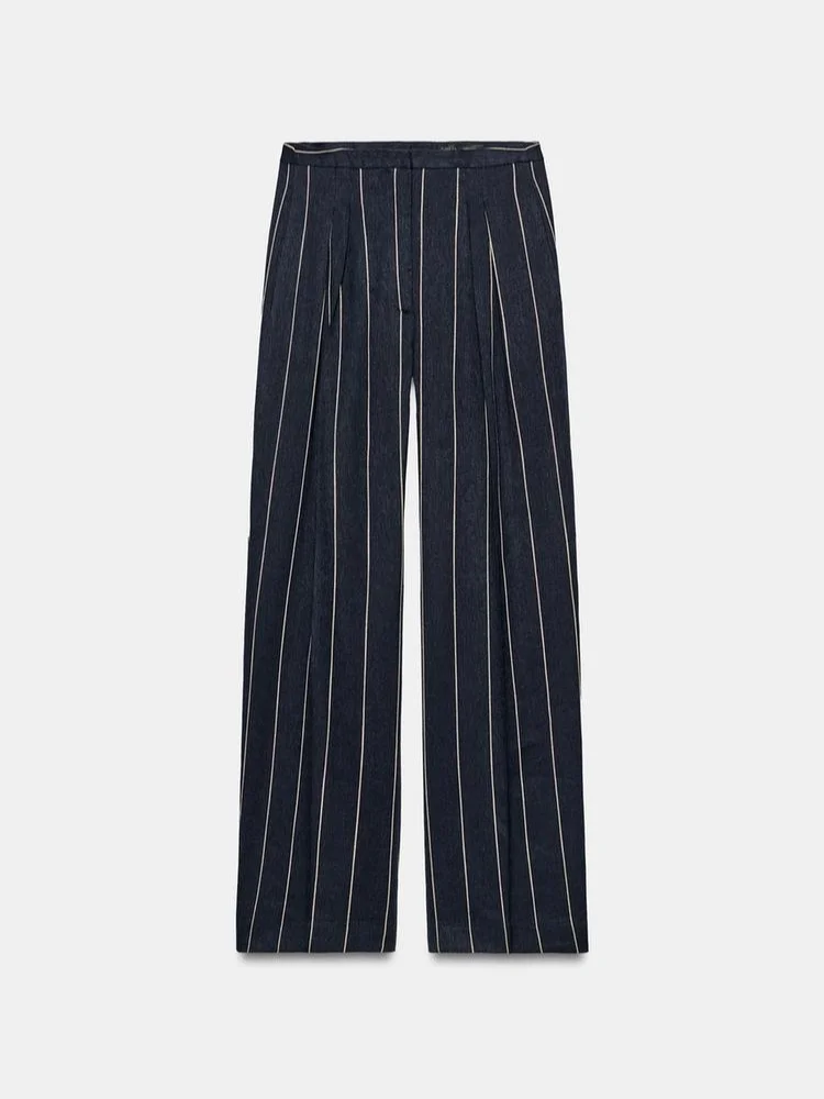 Navy Blue Striped Blazer Wide Leg Women Pants Set Short Suit Jacket Trousers 2 Piece Sets Office Lady Formal Business Outfits