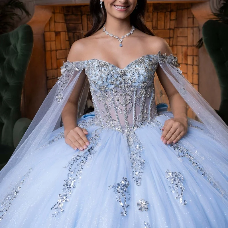 

Light Blue Quinceanera Dress off-shoulder Silvery Glitter Crystal Decal Long tail Bow vestidos de 15 Quinceanera ﻿Customize