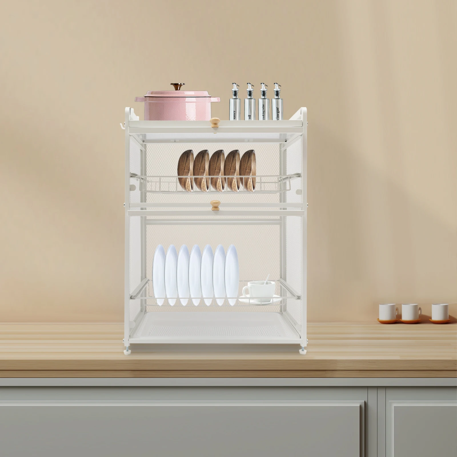 

Bymaocar 3-уровневая сушильная кухонная полка для посуды, белая с крышкой и сливом, съемный поднос для капель, кухонный держатель для посуды, миски