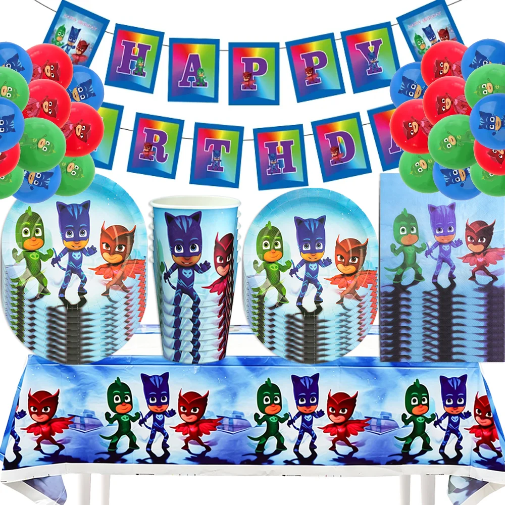 Artículos para fiestas de cumpleaños de PJ Masks: juego de vajilla desechable, platos de papel, vasos, servilletas, mantel y decoraciones para fiestas de baby shower.