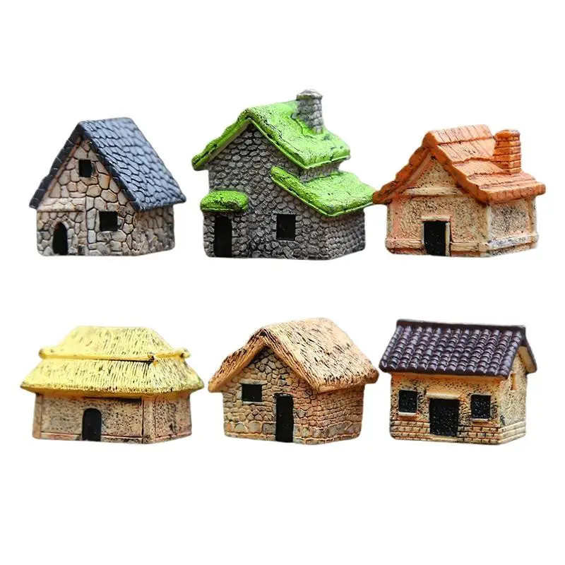 6Pcs Miniature Thatched Cottage Statues Retro Style Perfect for Dollhouse Decoration