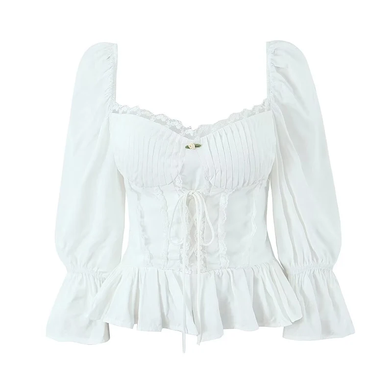 

YENKYE Y2K Women High Quality Lace Trim White Blouse Front Lacing Up Puff Sleeve Sexy Elegant Sweet Crop Top