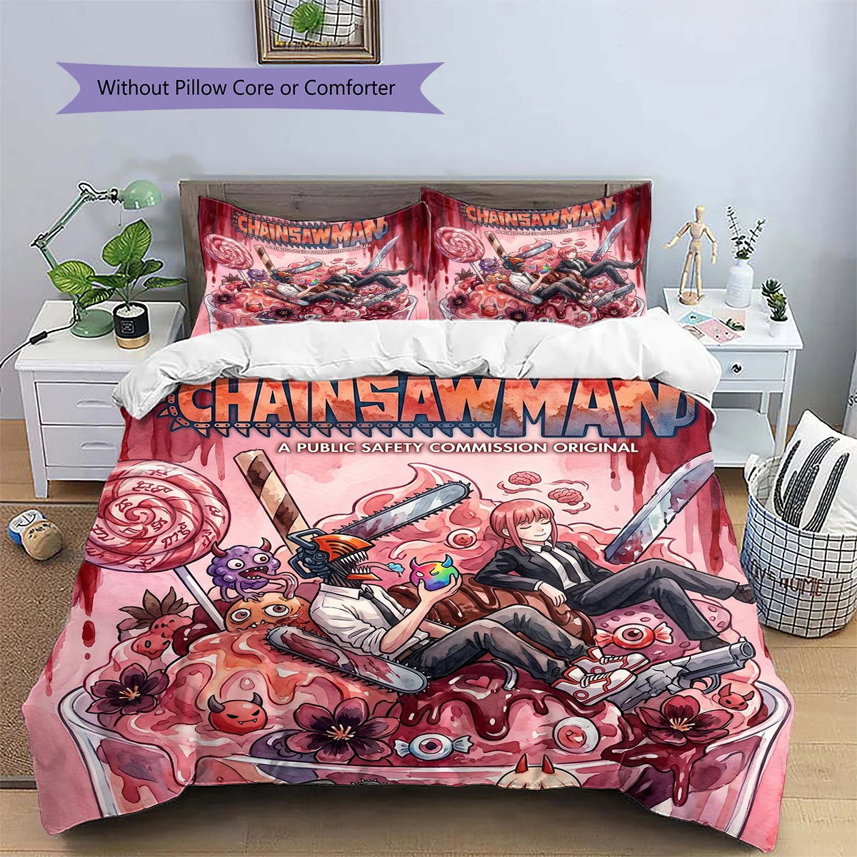 Chainsaw Man Anime Style Patterned Pillowcase & Duvet Cover Set Bedroom Bedding Decor Great Gift for Enthusiasts YUN6516