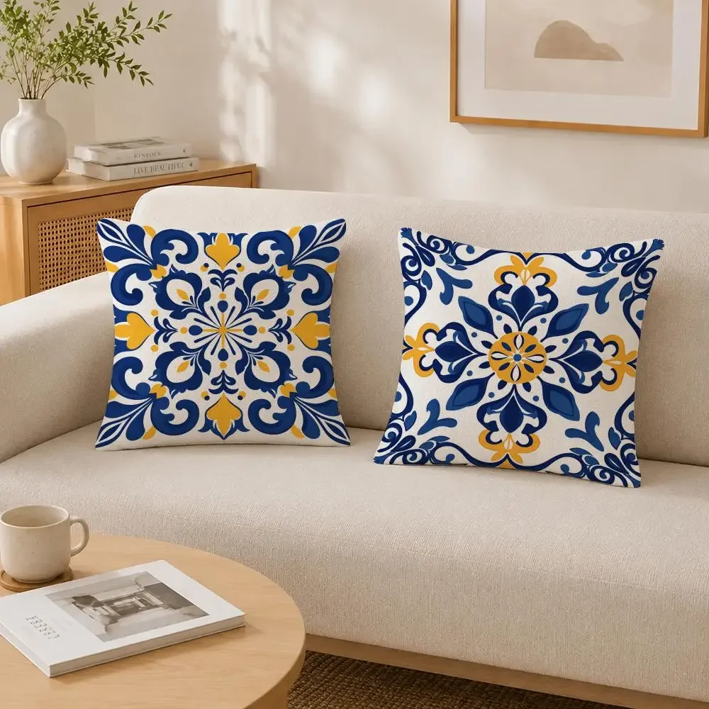 Pattern Portuguese Azulejo Style Cushion Cover Soft Fluffy Short Plush  Pillow Case Home Decor