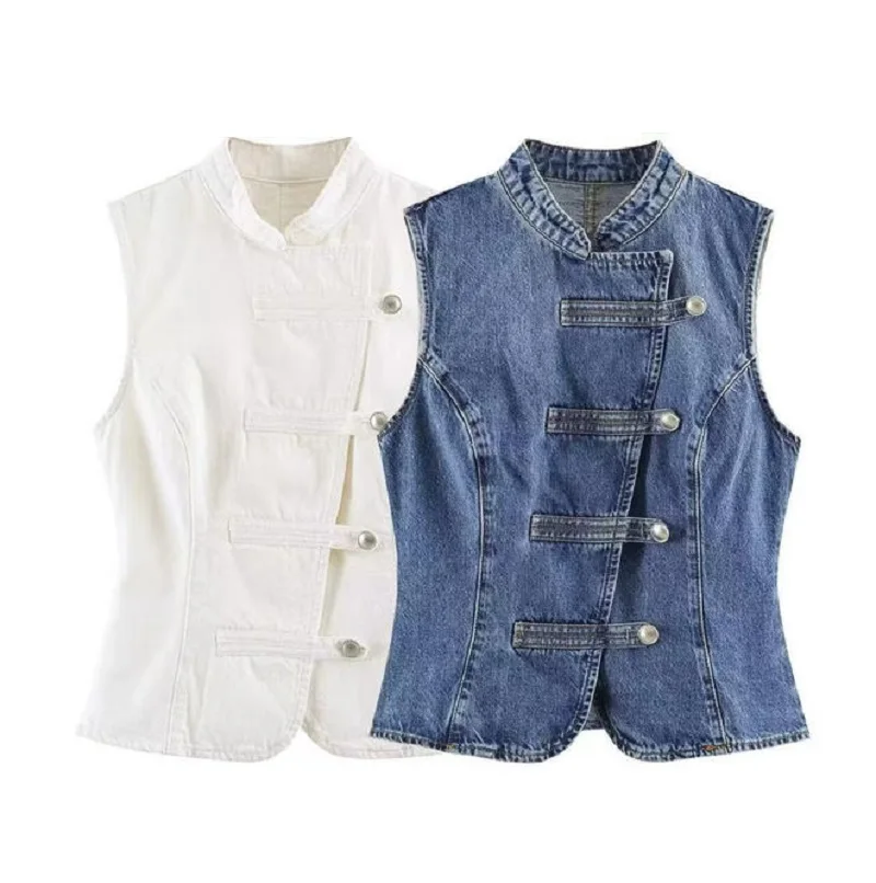 Women Vintage Blue White Casual Vest Fashion High Street Elegant Sleeveless Vest Female Round Neck Rope Knot Denim Top