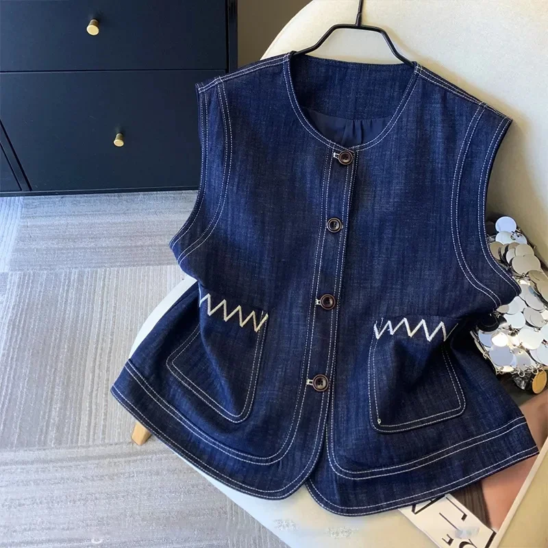 

Джинсовый жилет женский, весенне-осенний, универсальный, короткий, с яркими линиями, без рукавов, модная джинсовая куртка-жилет, верхняя одежда