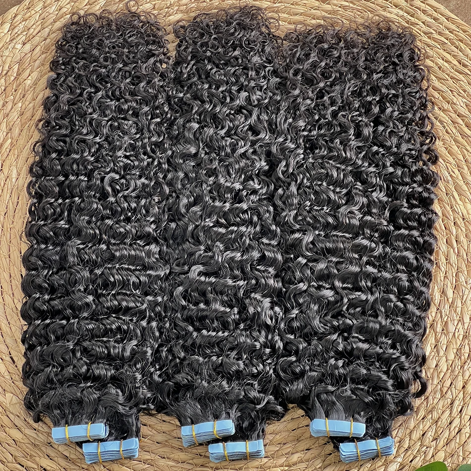 

Глубокая вьющаяся лента из искусственной кожи для наращивания человеческих волос 4x0,8 см, бесшовный уток, завязанная вручную клейкая лента, 100 грамм глубоких волн, девственные волосы