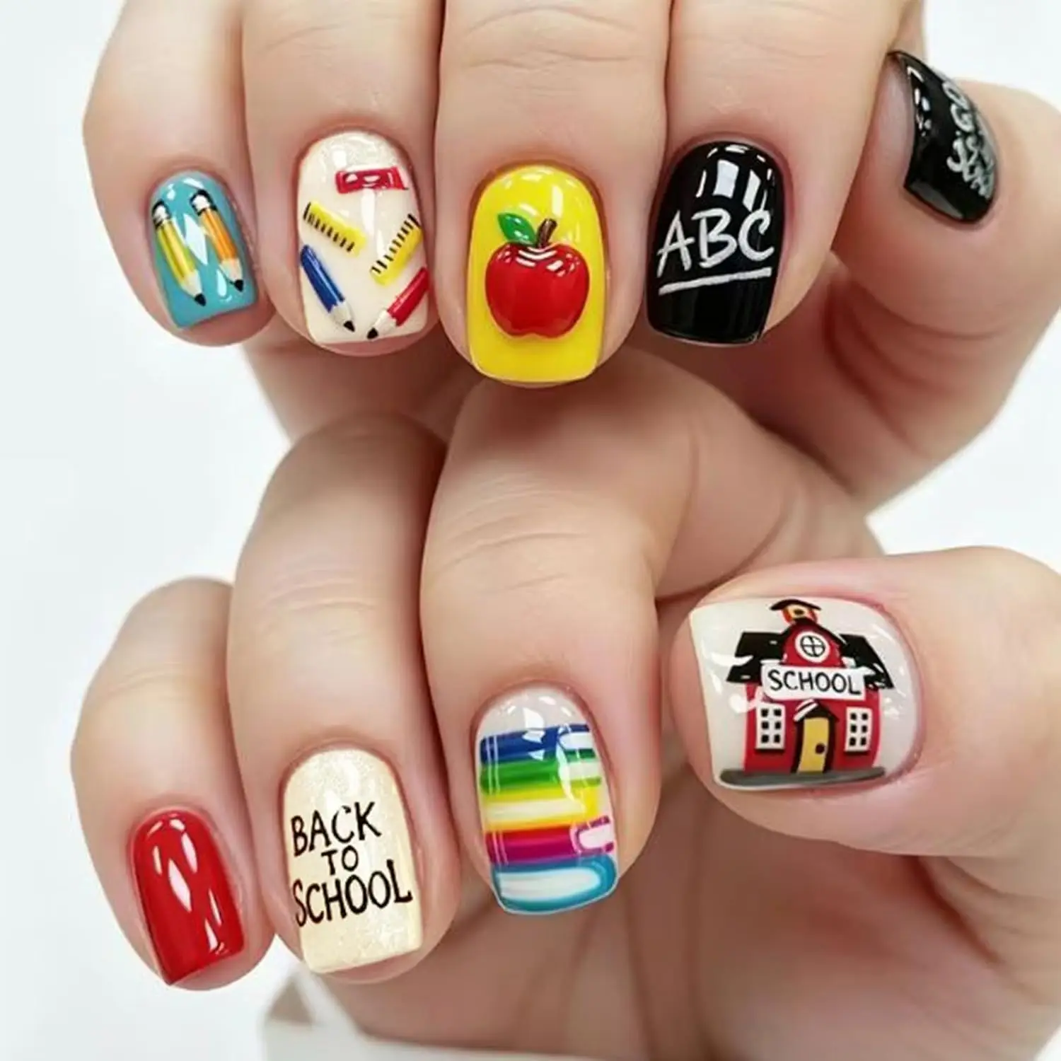 Back to School Press on Nails Short Square Fake Nail Cute School False Nails with Pencil Ruler Schoolhouse Designs Stick on Nail
