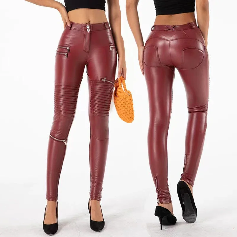 Women Punk Bodycon Stretchy Slim Trousers Streetwear Hip Pop Zip Pants High Waist Faux Leather Moto Pants  Clubwear New Custom